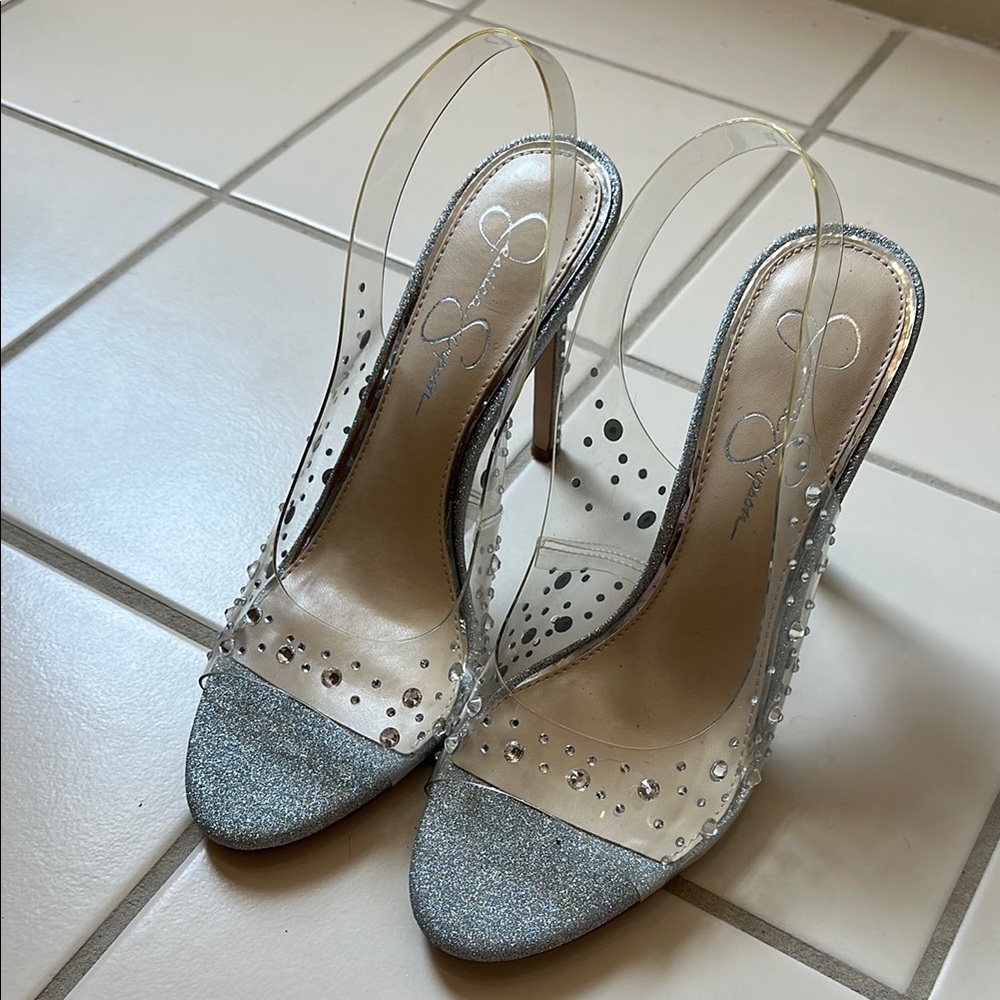 Jessica Simpson Silver Slingback Heels with Crystal Accents